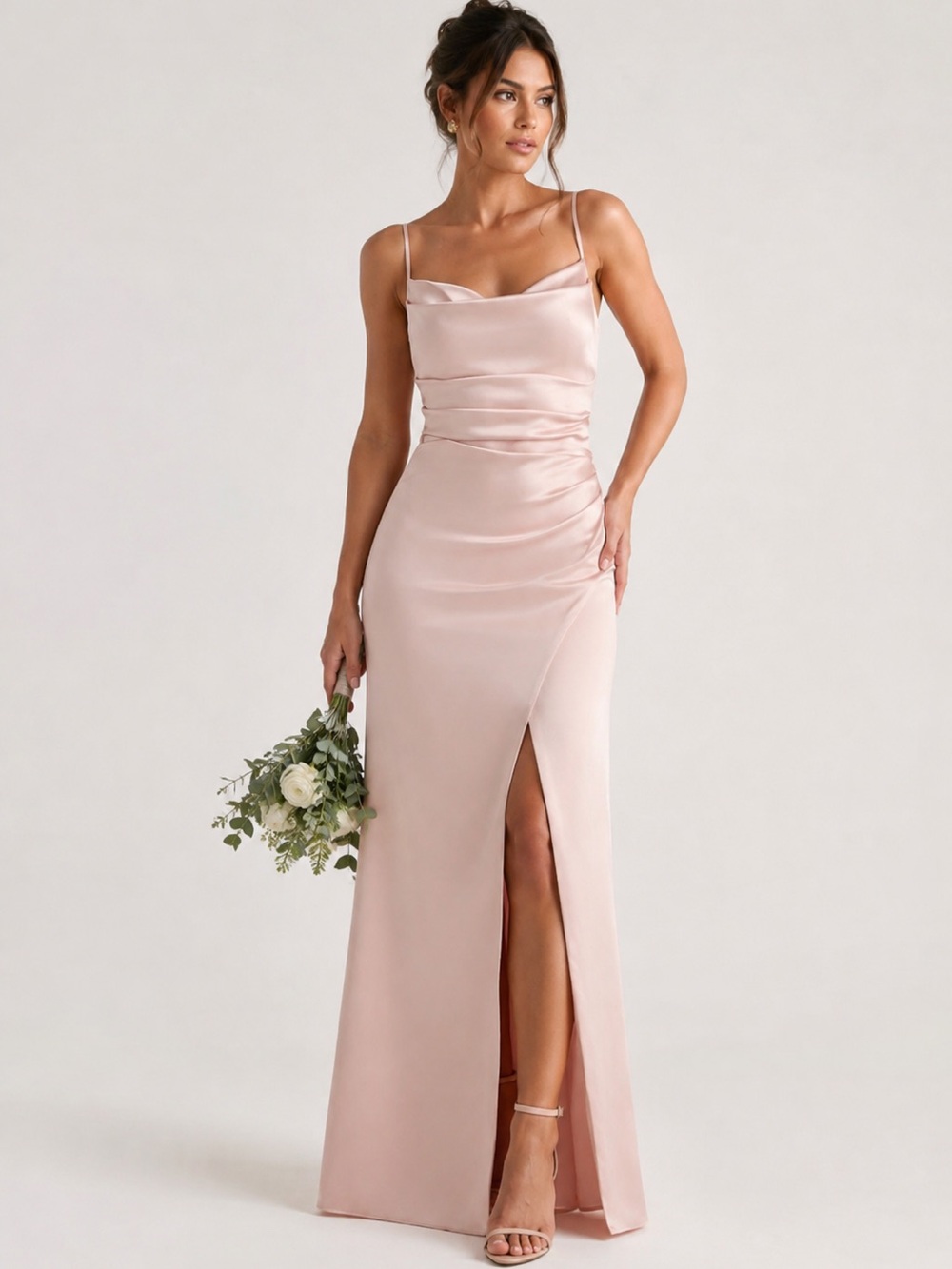 Quince Juliette Stretch Satin Ruched Dress in Pale Blush Pink